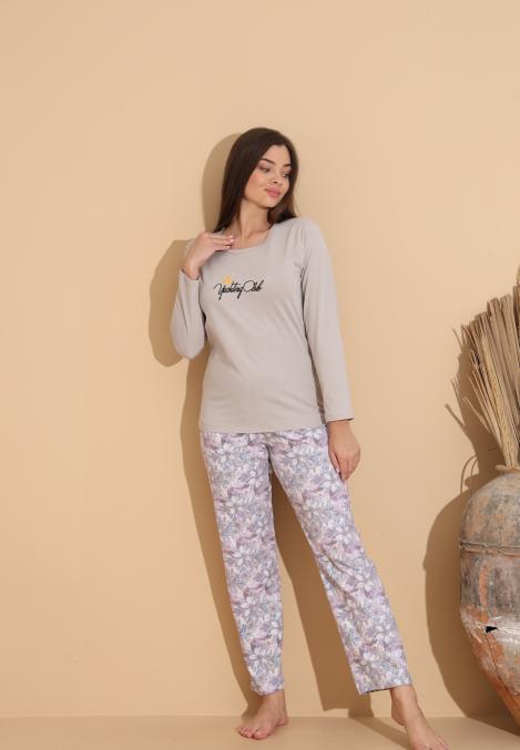 Pijama Dama „Yachting Chib" ,Pantaloni si Maneca Lunga,Culoare Crem, Engros